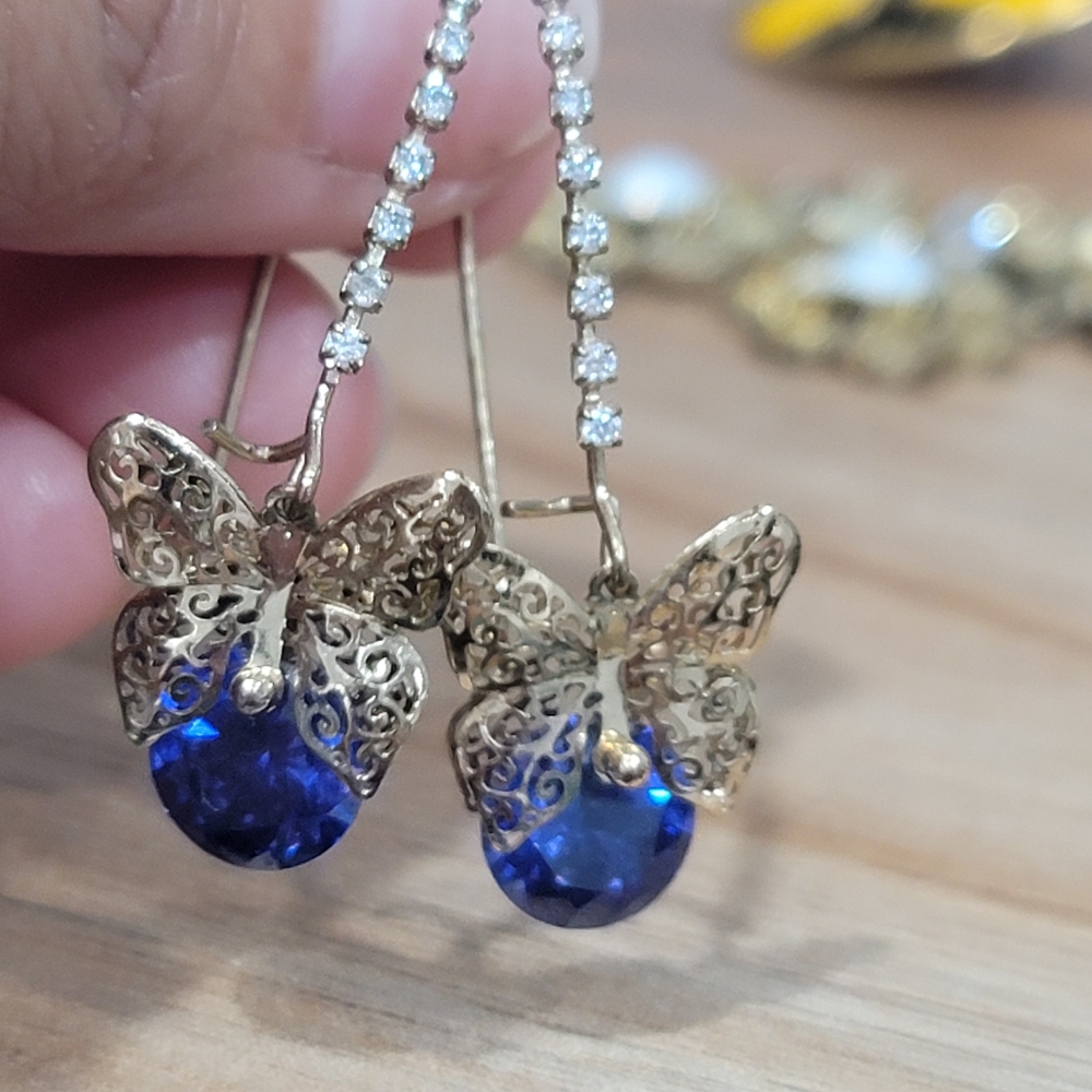 Blue silver butterfly threader earrings